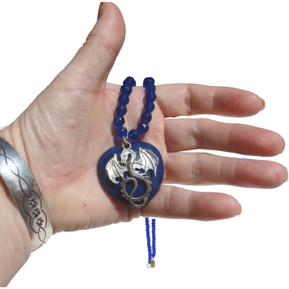 Dragon and Dark Blue Heart Stone Beaded Necklace 1461 - Picture 5 of 6